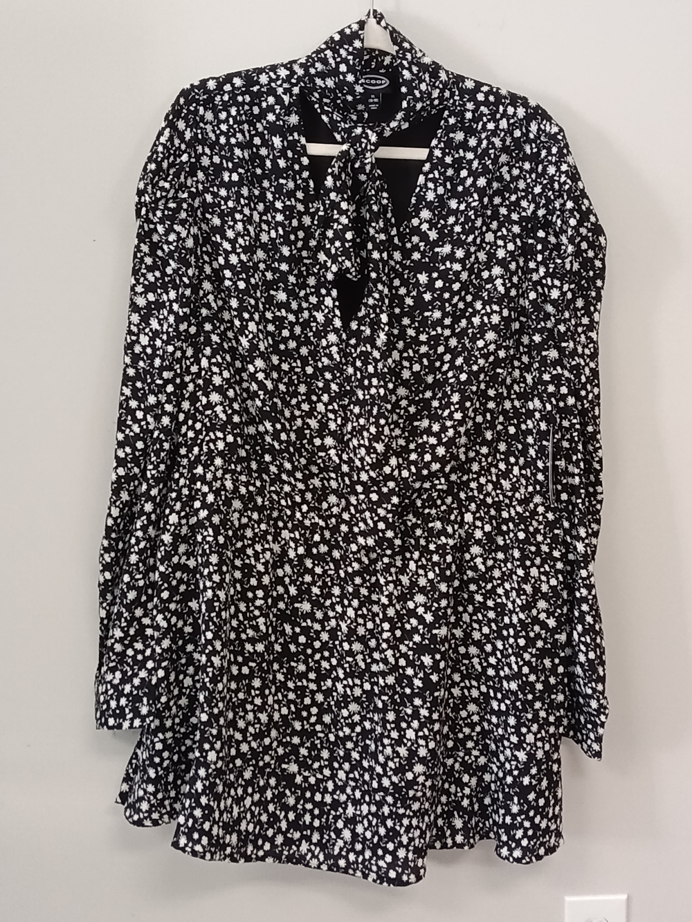 NWT Scoop XL Black Floral Tie Neck Long Sleeve Mini Dress Prairie Cottagecore